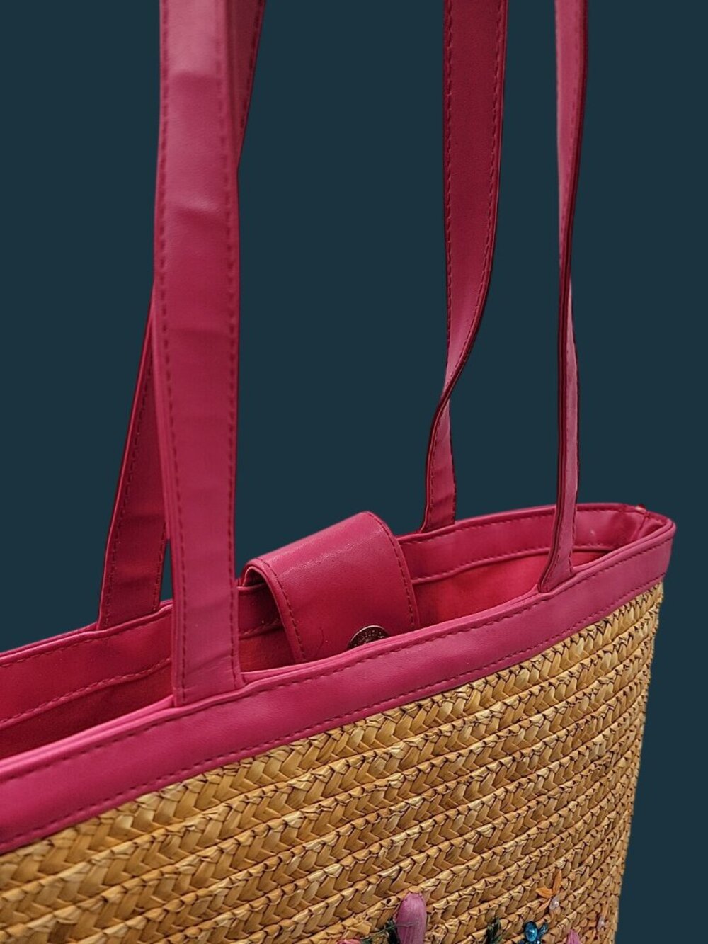 Vintage White Stag Flower Embroidered Straw Tote Bag Fuchsia Trim Y2K Boho - Picture 3 of 10
